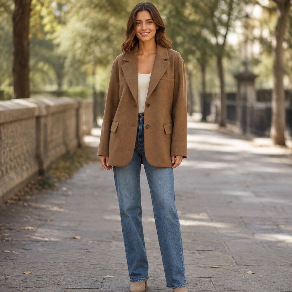 MNG Mango Brown Wool Blend Single Breasted Classic Minimalist Blazer in size 8
